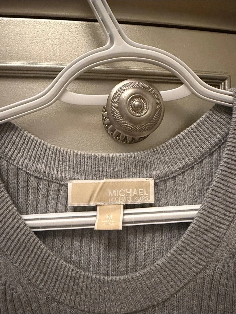 Michael Kors Gray Ribbed Long-Sleeve Maxi Dress with Front Ruffle detail